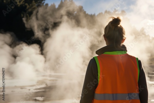 individual in safety vest observing geothermal steam vents outdoors