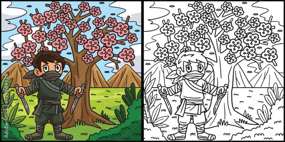 Ninja under Sakura Tree Coloring Page Illustration