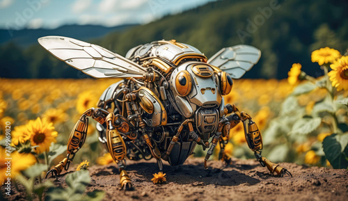 a futuristic mechanical cybernetic bee flying in a field among sunflowers