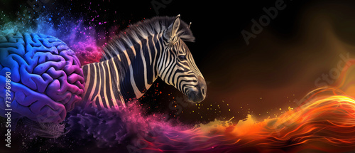 Concept of zebra for HPI. Zebra looking at colorful brain, puzzle pieces. Highly Potent Individuals, intelligence, sensitivity, uniqueness of personality. Challenge of diversity. Modern psychology.