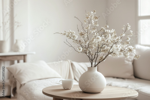 Tranquil Scandinavian Home Aesthetic. A serene, minimalist living space with white decor, a blossoming vase, and a cozy couch bathed in soft daylight.