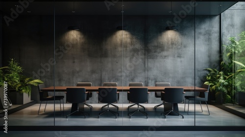 Front view of empty modern conference room with office table and chairs with dark cement wall in glass room photo
