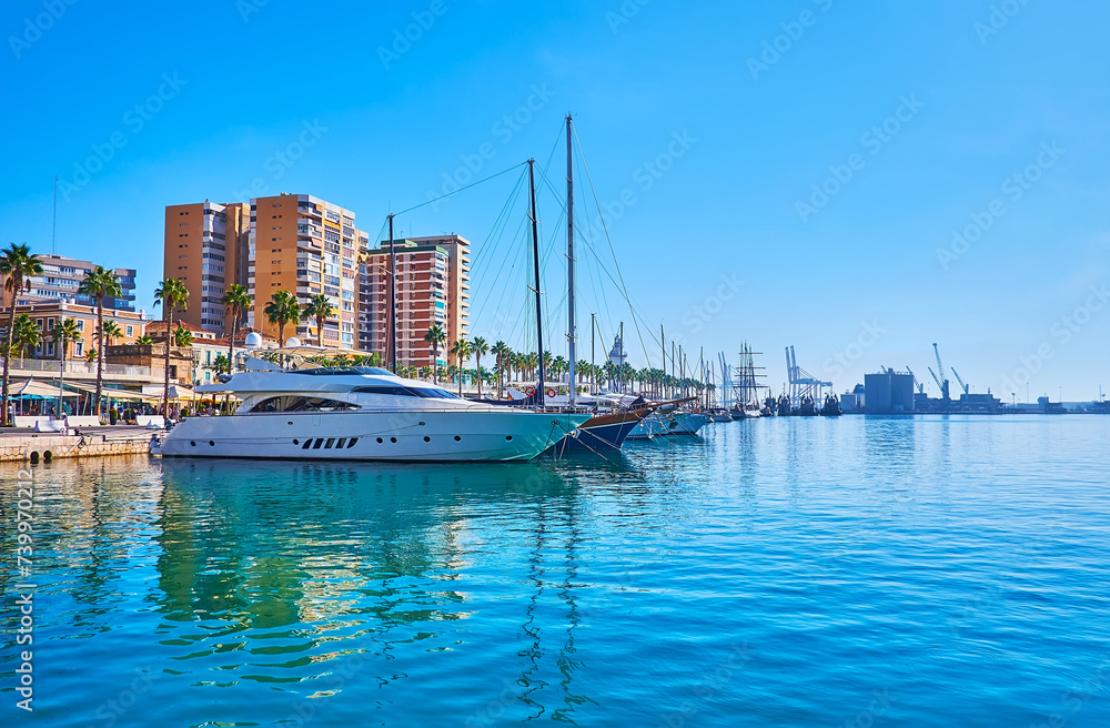 Yachts in Malaga Port against the high rises, Spain