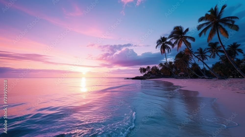 A Paradise of White Sand, Purple Sky, and Palm Trees in the Pacific