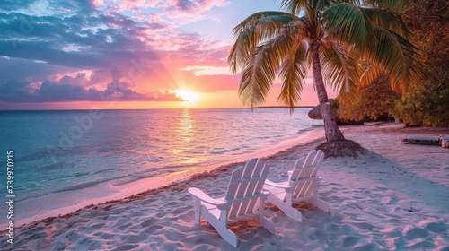The Splendor of a Pacific Island with a Breathtaking View of Sunset and Palms