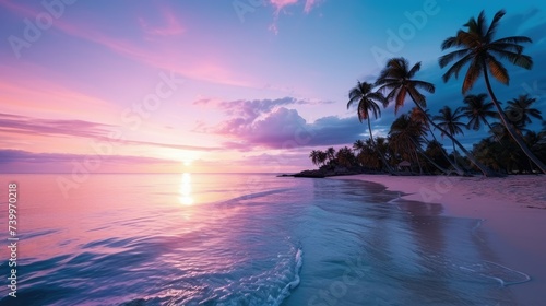 A Paradise of White Sand, Purple Sky, and Palm Trees in the Pacific