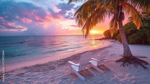 The Glory of a Pacific Island with a Magnificent View of White Sand, Palms, and Purple Sky