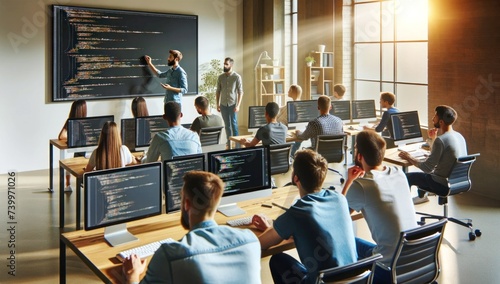 Obraz na płótnie seminar or coding class. The facilitator is pointing to a large screen with code, and students are working on computers, engaged in learning or collaborative software development.