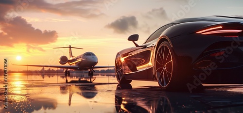 luxury sports car parked on the wet tarmac at sunset and a private jet in the background, suggesting wealth and high status. © ProstoSvet