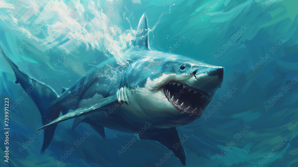 Shark with jaw open underwater.