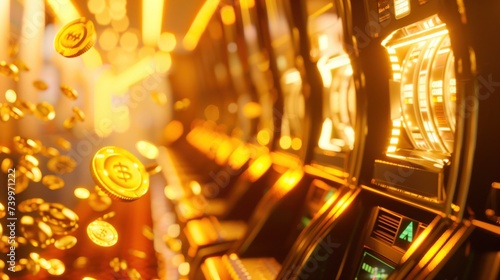 many slot machines with glowing screens and falling coins  which conveys the excitement and appeal of casino gambling