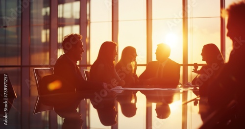 business meeting at sunset, silhouettes of people at the table in an office with large windows, warm light brings thoughts of a calm end to the working day. photo