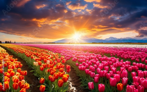 Panoramic landscape of blooming tulips #739971895