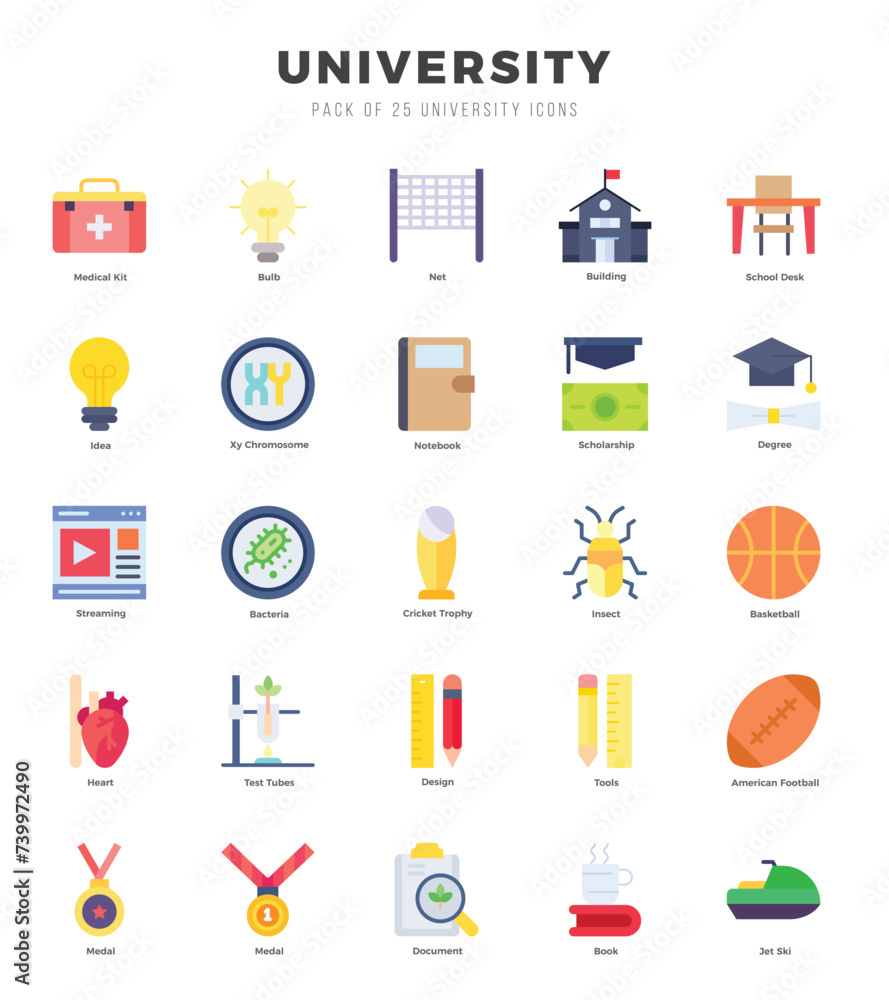 University icons Pack. Flat icons set. University collection set. University icons Pack. Flat icons set. University collection set.