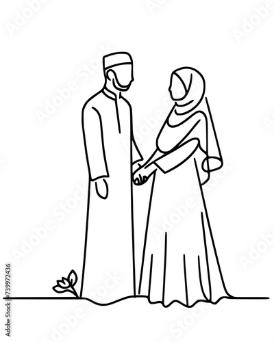 Line art of couple muslims, Couple of muslims wedding, illustration of a muslim couple, sketch of a muslims family, isolated on white, editable stroke