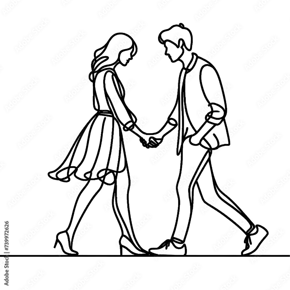 Romantic couple walking together holding hands continuous line vector illustration isolated on white background
