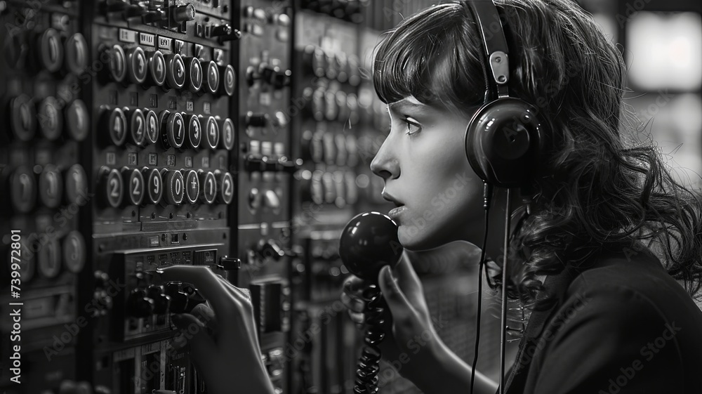 Early Telephone Operator at Switchboard Panel