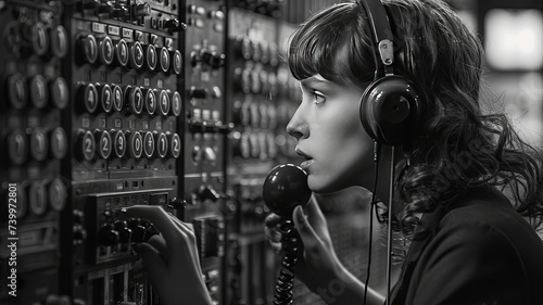 Obraz na płótnie Early Telephone Operator at Switchboard Panel
w salonie