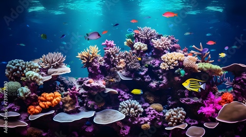 A fish tank with a coral reef in the background