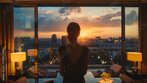 Rear View of Woman at Modern Luxury Window