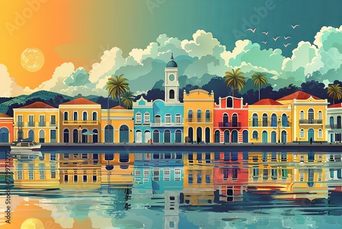 A vibrant flat digital illustration of Recife, Pernambuco, showcasing colorful colonial architecture, Afro-Brazilian heritage, and scenic beauty.

 photo