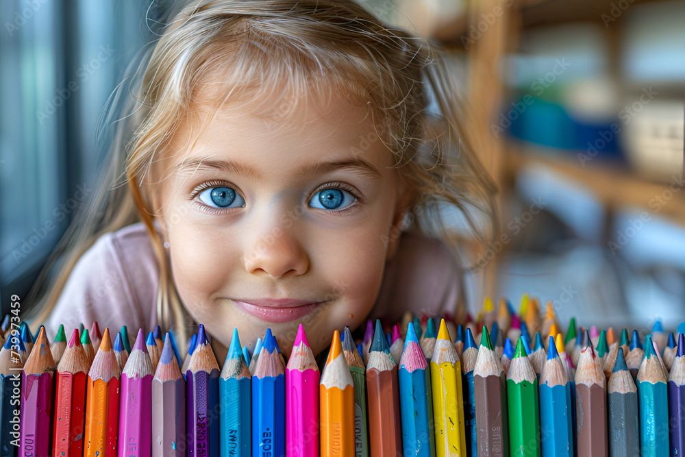 beautiful young girl with colored pencils at home beautiful young girl with colored pencils at home