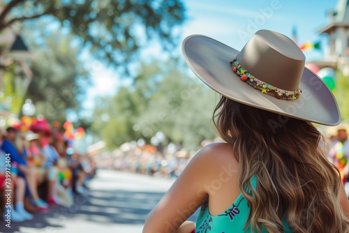 woman in a widebrim hat watching a parade photo