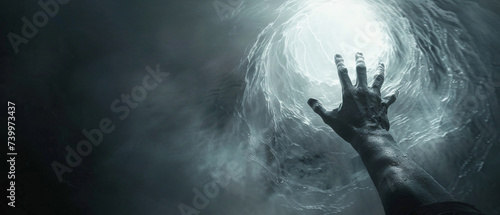 A blackened hand reaching out from the abyss grasping for light in a minimalist void