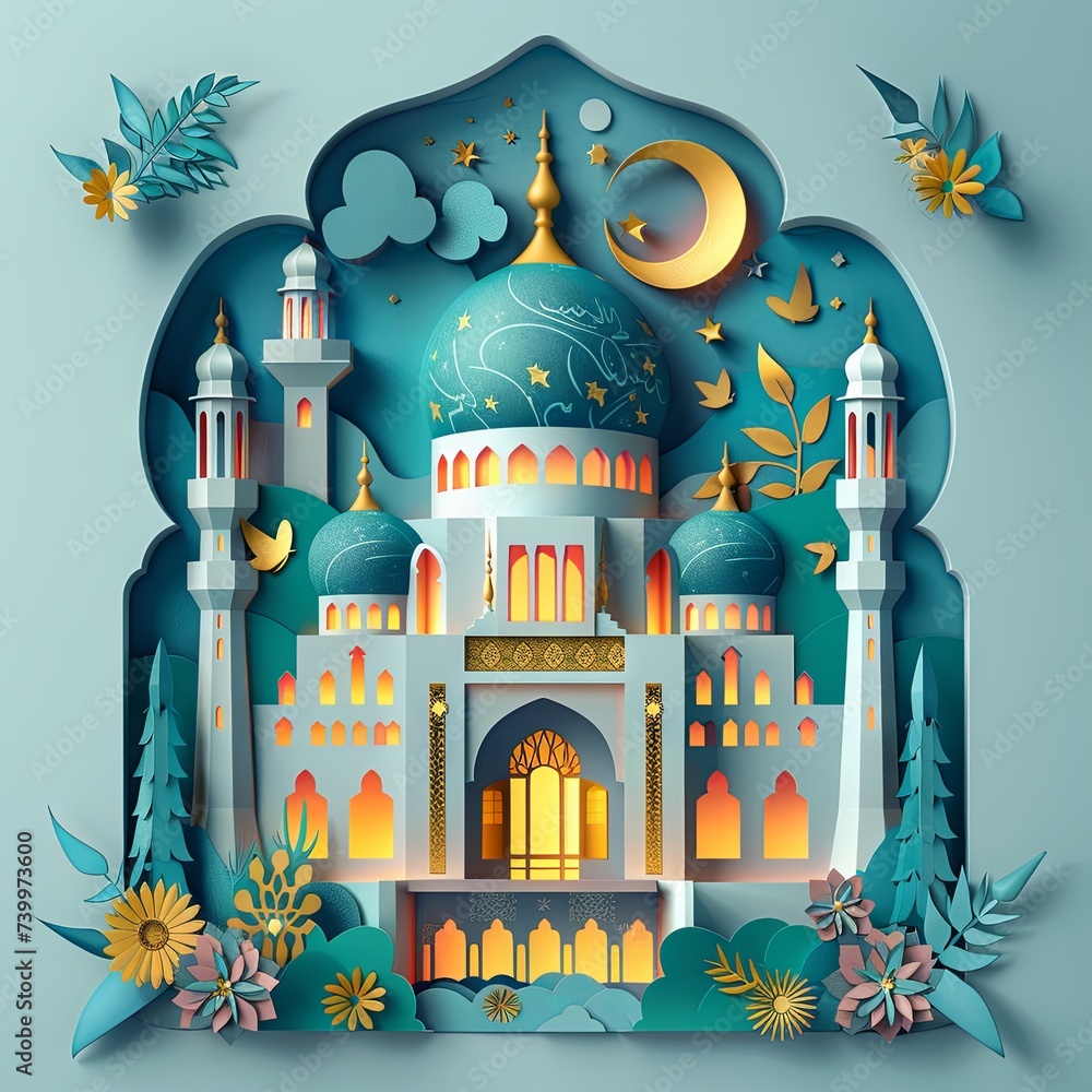 Abstract Paper Cut Ramadan Kareem Card

