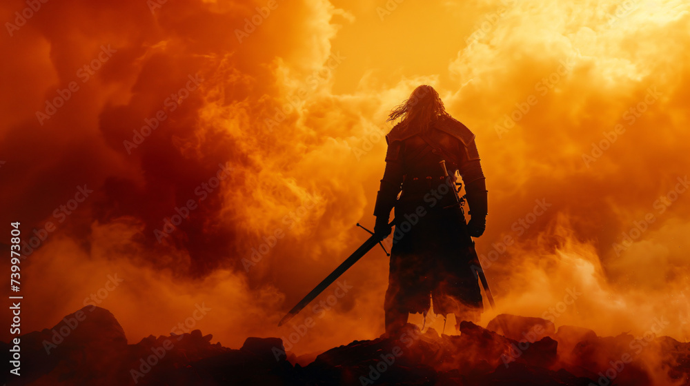 Silhouette of a warrior with a sword in the smoke.
