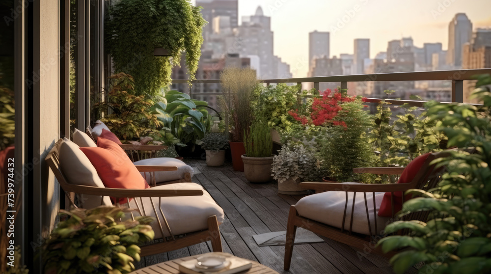 Fototapeta premium Cozy outdoor roof terrace and potted plants