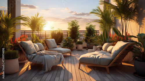 Cozy outdoor roof terrace and potted plants photo