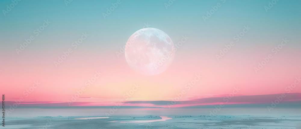 A pastel colored moon hanging low over a serene minimalist desert landscape A pastel colored moon hanging low over a serene minimalist desert landscape