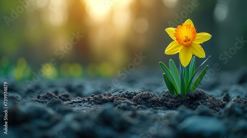 A flowering daffodil that pops out of the melting ground in spring. photo