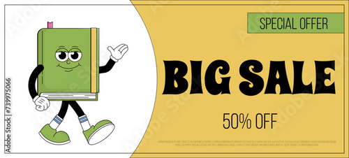 World book day banner. Funky character book with psychedelic smile. Retro mascot style. Bookstore big sale, special offer, coupon. Vector illustration
