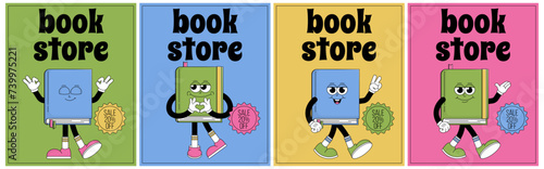 World book day flyers set. Funky character book with psychedelic smile. Retro mascot style. Book reading festival, bookstore sale. Vector illustration