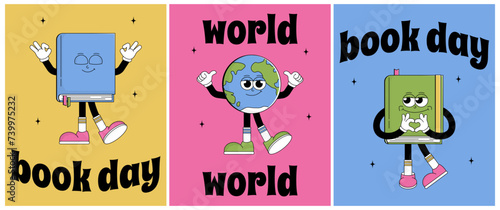 World book day poster set. Funky character with psychedelic smile. Retro mascot style. Book reading festival, bookcrossing. Vector illustration