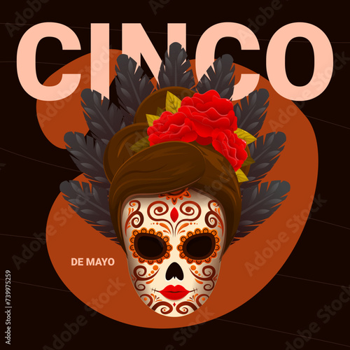 mexican day of the dead theme poster with decorated skull cinco de mayo, vector illustration