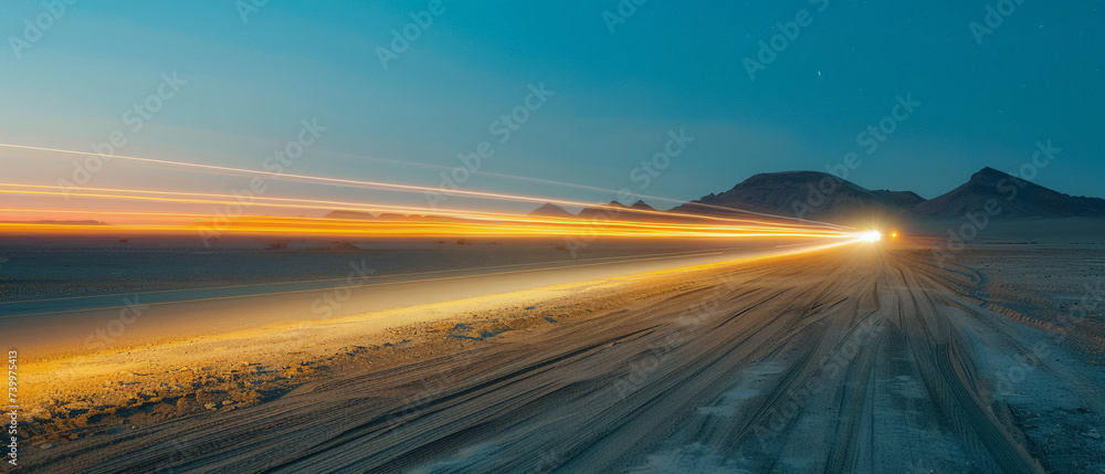 A single ultra fast vehicle wrapped in dynamic light trails on a minimalist desert road