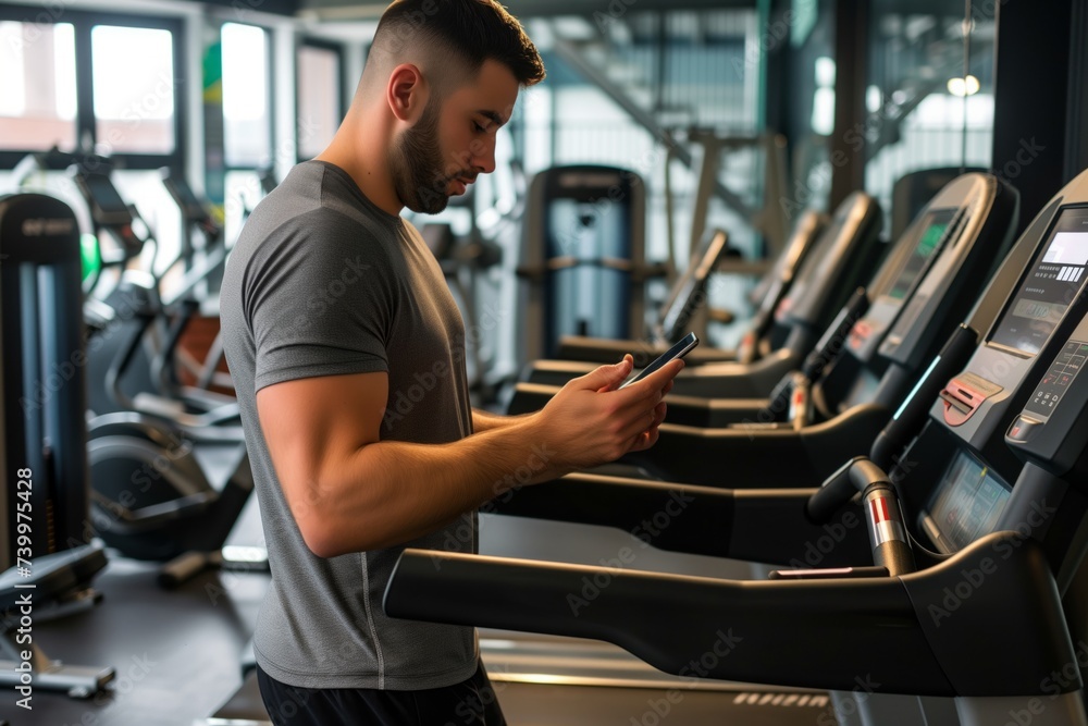 man on treadmill in gym, checking emails on phone man on treadmill in gym, checking emails on phone