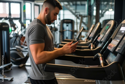 man on treadmill in gym, checking emails on phone