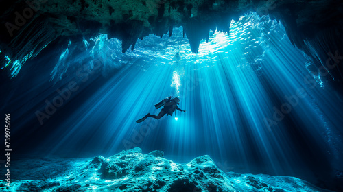 Scuba Diver Exploring Underwater Cave With Sunlight Streaming Through