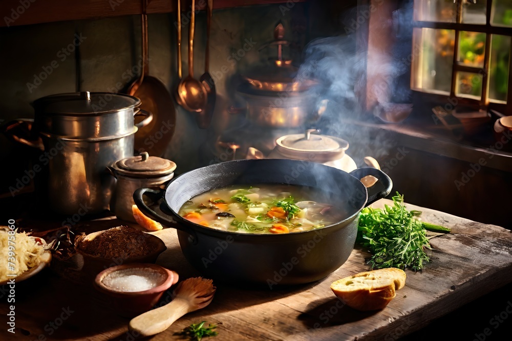 Chicken soup with vegetables in a pot on a wooden table in the kitchen Chicken soup with vegetables in a pot on a wooden table in the kitchen