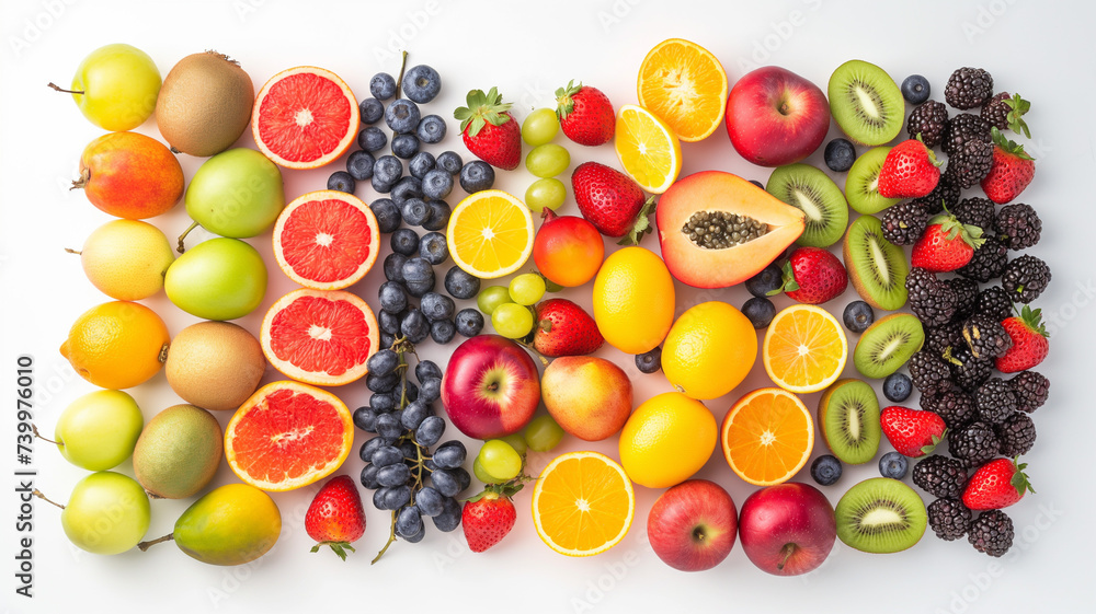 Rainbow Assortment of Fresh Fruits on a White Background Rainbow Assortment of Fresh Fruits on a White Background
