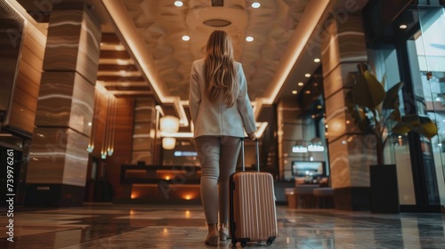 Elegant woman with big suitcase walking down hotel hall, view from back © YauheniyaA