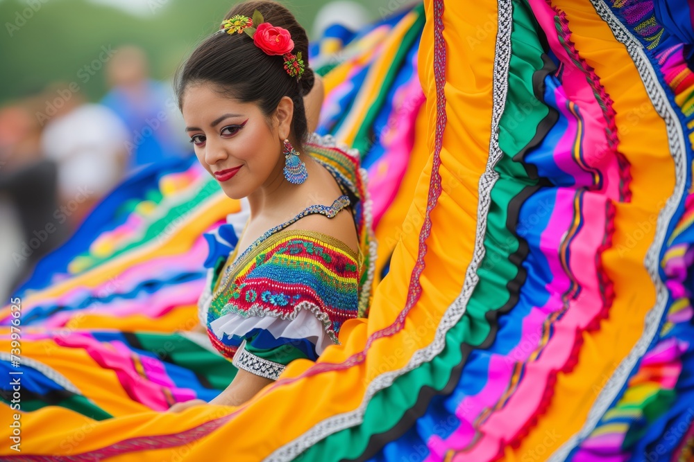 Fototapeta premium mexican woman in a colorful folklorico dress at cinco de mayo