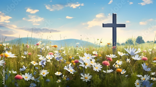 Miniature Easter garden featuring wooden crosses, vibrant flowers and greenery