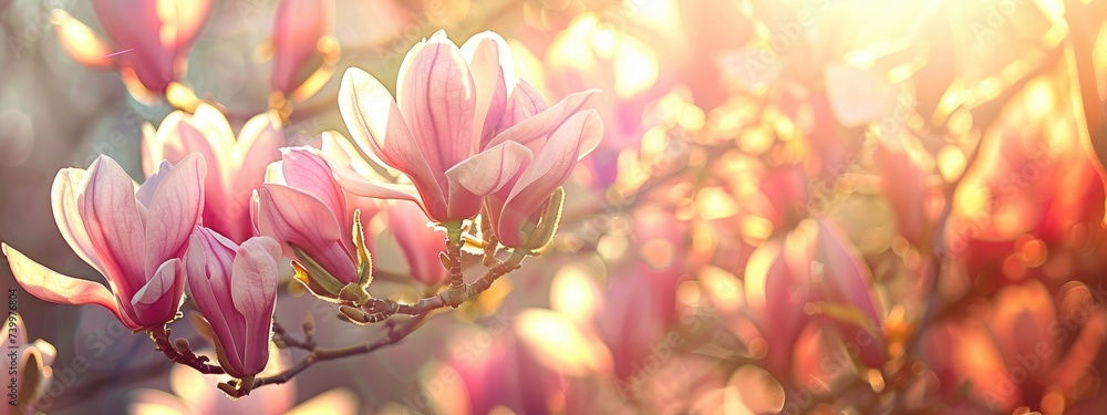 Magnolia flowers background. Beautiful nature scene with blooming tree and sun. Sunny day with spring flowers