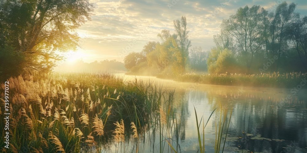 Serene landscape of reed meadow by river at sunset picturesque scene capturing tranquil beauty of nature with golden sunlight reflecting on water perfect for backgrounds depicting environments - obrazy, fototapety, plakaty 