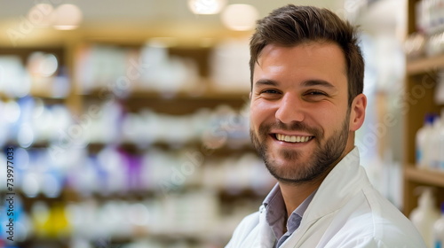 Healthcare, crossed arms and portrait of a male pharmacist standing in a pharmacy clinic. Pharmaceutical, medical man chemist with confidence by the counter of medication store dispensary.